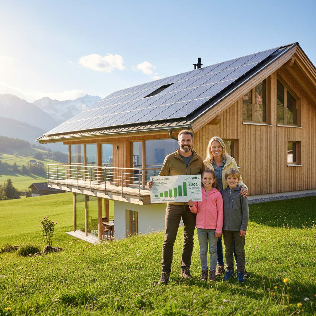 Schweizer Familie vor Haus mit Solaranlage